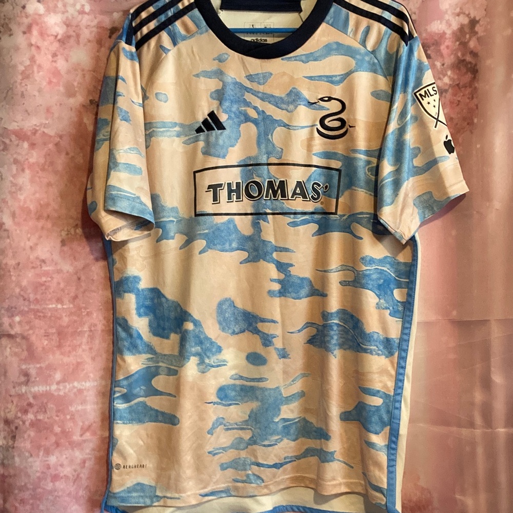 adidas Men Carranza #9 Cream and Light Blue Soccer Jersey